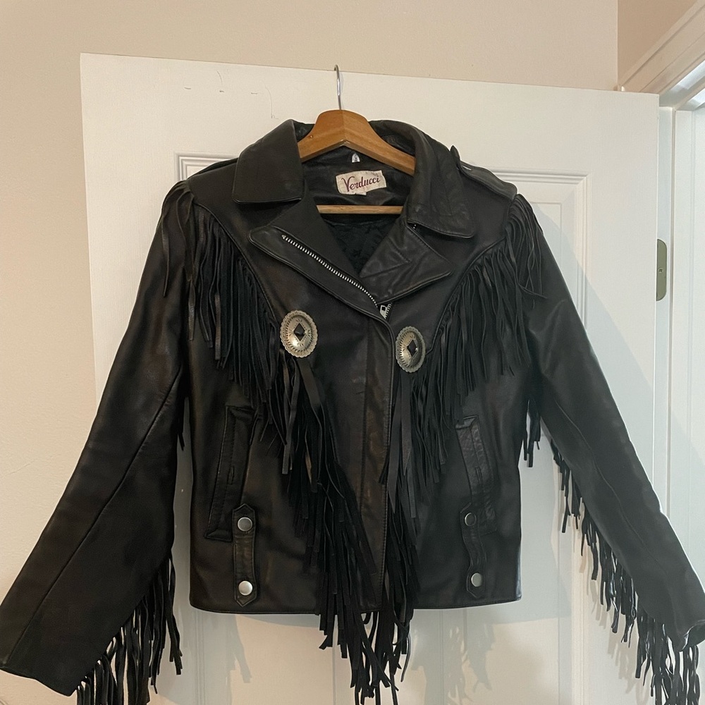 Leather fringed motorcycle jacket